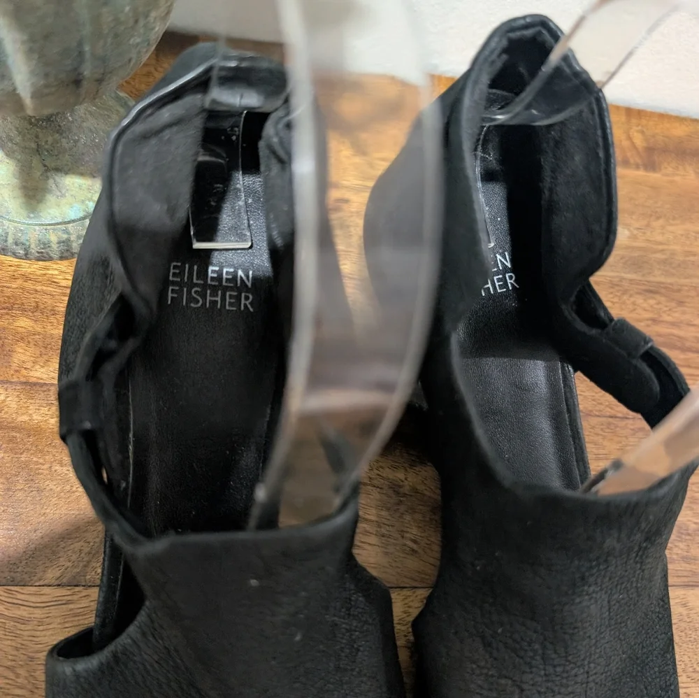 Eileen Fisher Black Leather  Iris‎ Sandals Wedges Size 8.5